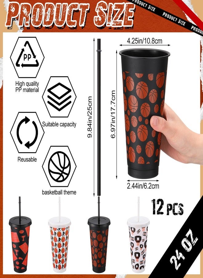 نوجو مجموعة نوجو من 12 كوبًا بلاستيكيًا لحفلات كرة السلة، سعة 24 أونصة، مع غطاء وماصة، أكواب قابلة لإعادة الاستخدام، مثالية لمحبي الرياضة، هدايا حفلات أعياد الميلاد. - Image 2